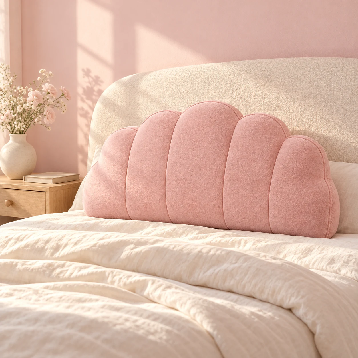Blush scalloped bedside cushion styled on a cream bed in a softly lit bedroom