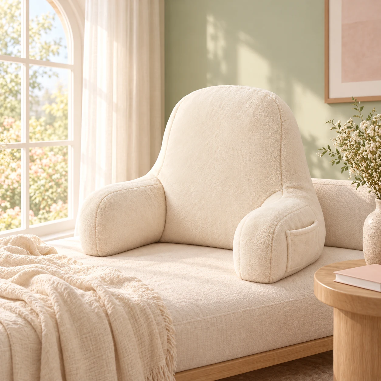 Cream Reading Nest cushion with integrated arms and side pocket in a cozy reading corner