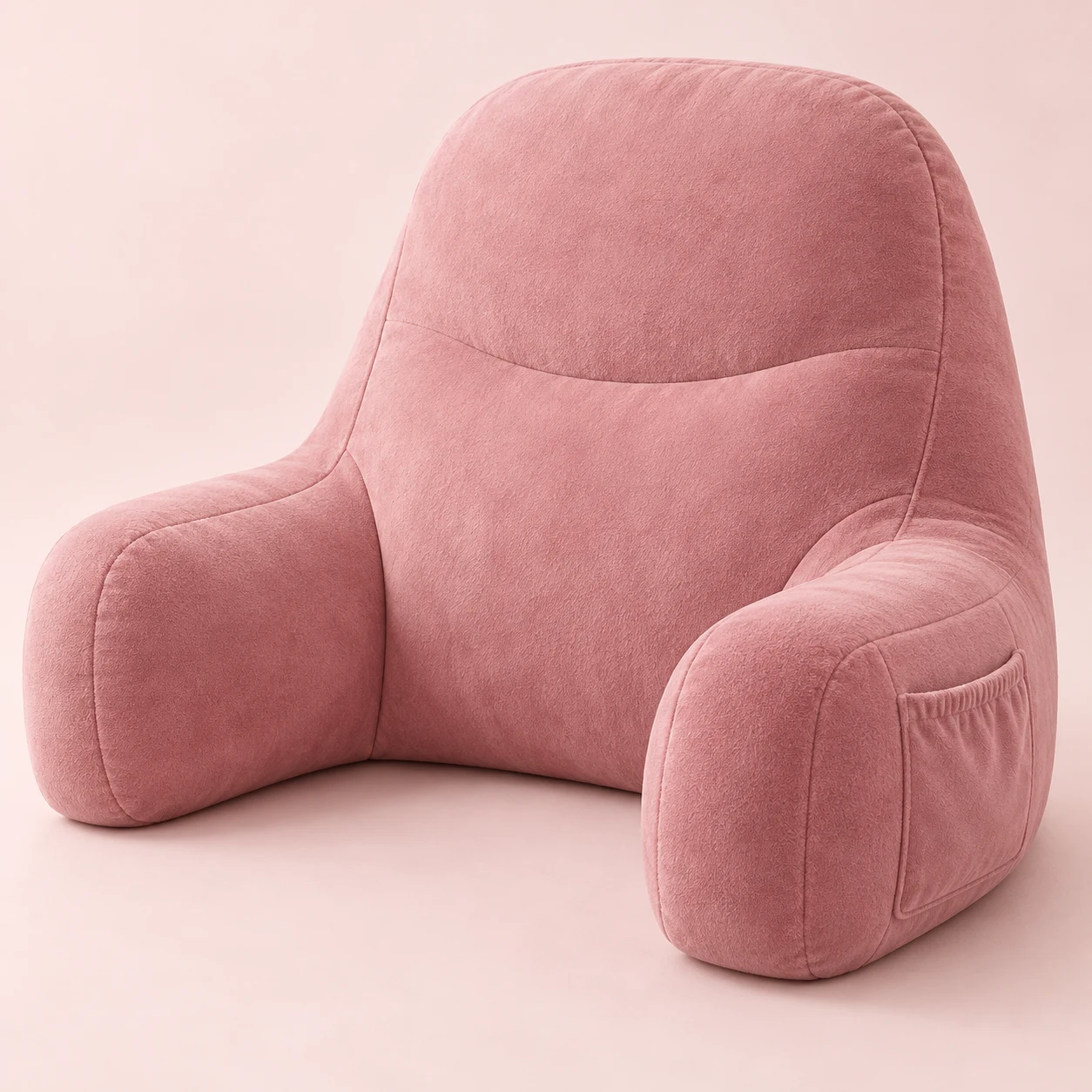 Rose Reading Nest, Rose plush reading backrest with a tall rounded back, two short integrated armrests and one small side pocket on right arm