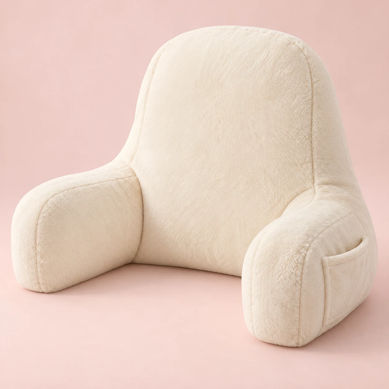 Cream Reading Nest, Cream plush reading backrest with a tall rounded back, two short integrated armrests and one small side pocket on right arm