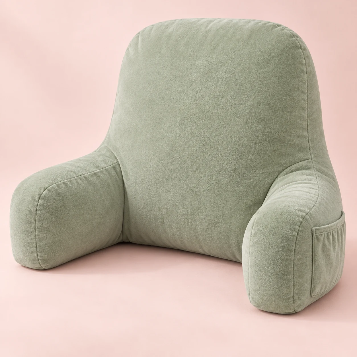 Sage Reading Nest, Sage plush reading backrest with a tall rounded back, two short integrated armrests and one small side pocket on right arm