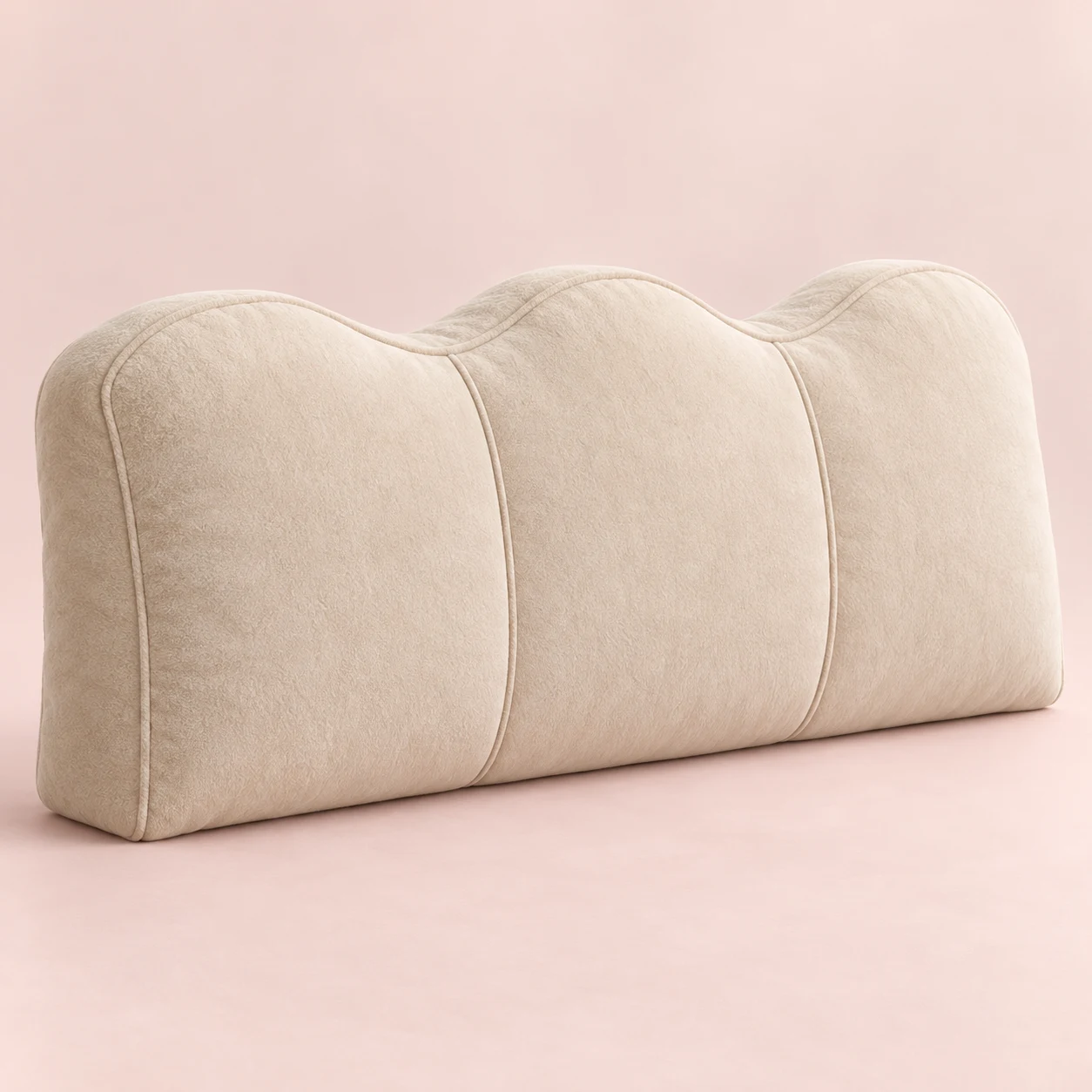 Oat Wave, Oat plush wide rectangular bed headboard cushion with three gentle wave lobes along the top, vertical compartment seams