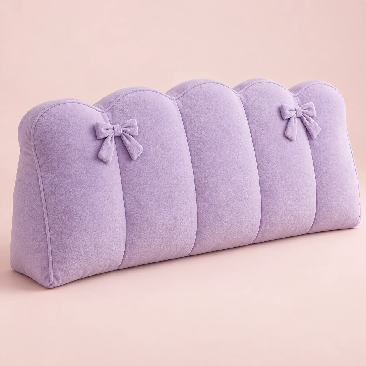 Lilac Ribbon, Lilac plush wide bed headboard cushion with scalloped top and two small fixed sewn ribbon bows on upper front, vertical compartment seams
